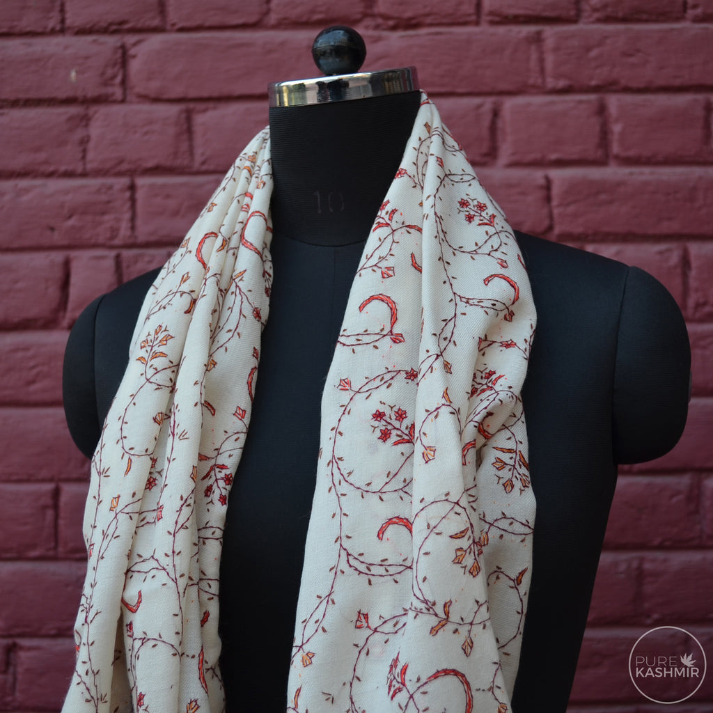 White Kashmir Sozni Embroidery Wool Scarf