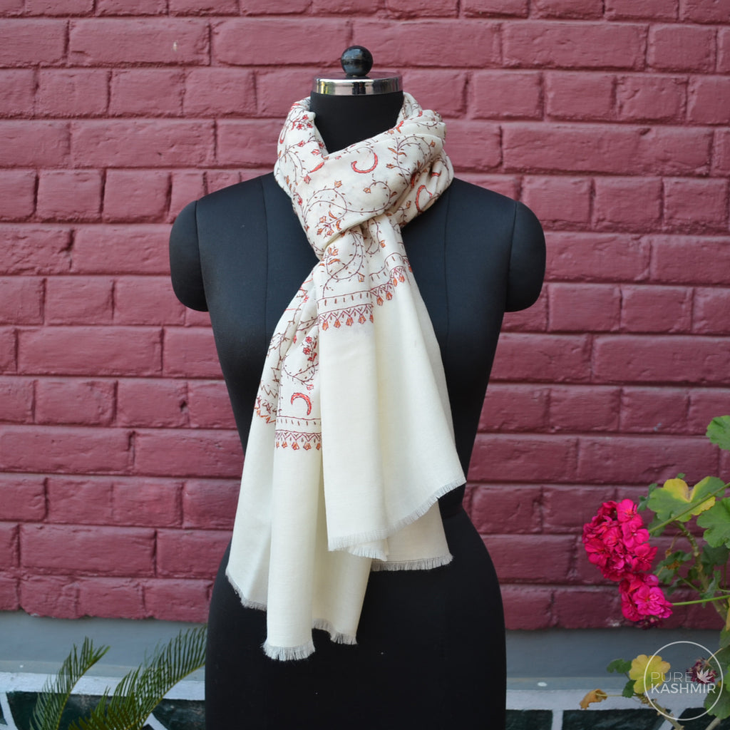 White Kashmir Sozni Embroidery Wool Scarf