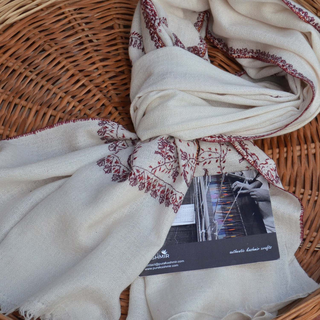 Ivory Kashmir merino woolen embroidered scarf