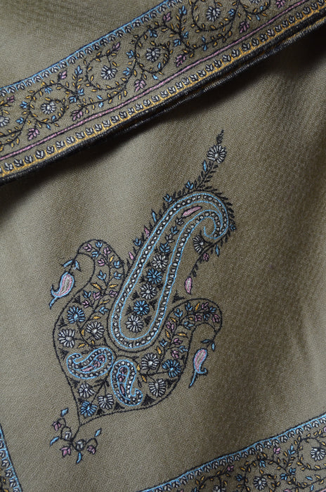 Un Dyed Natural Border Embroidery Cashmere Pashmina Shawl