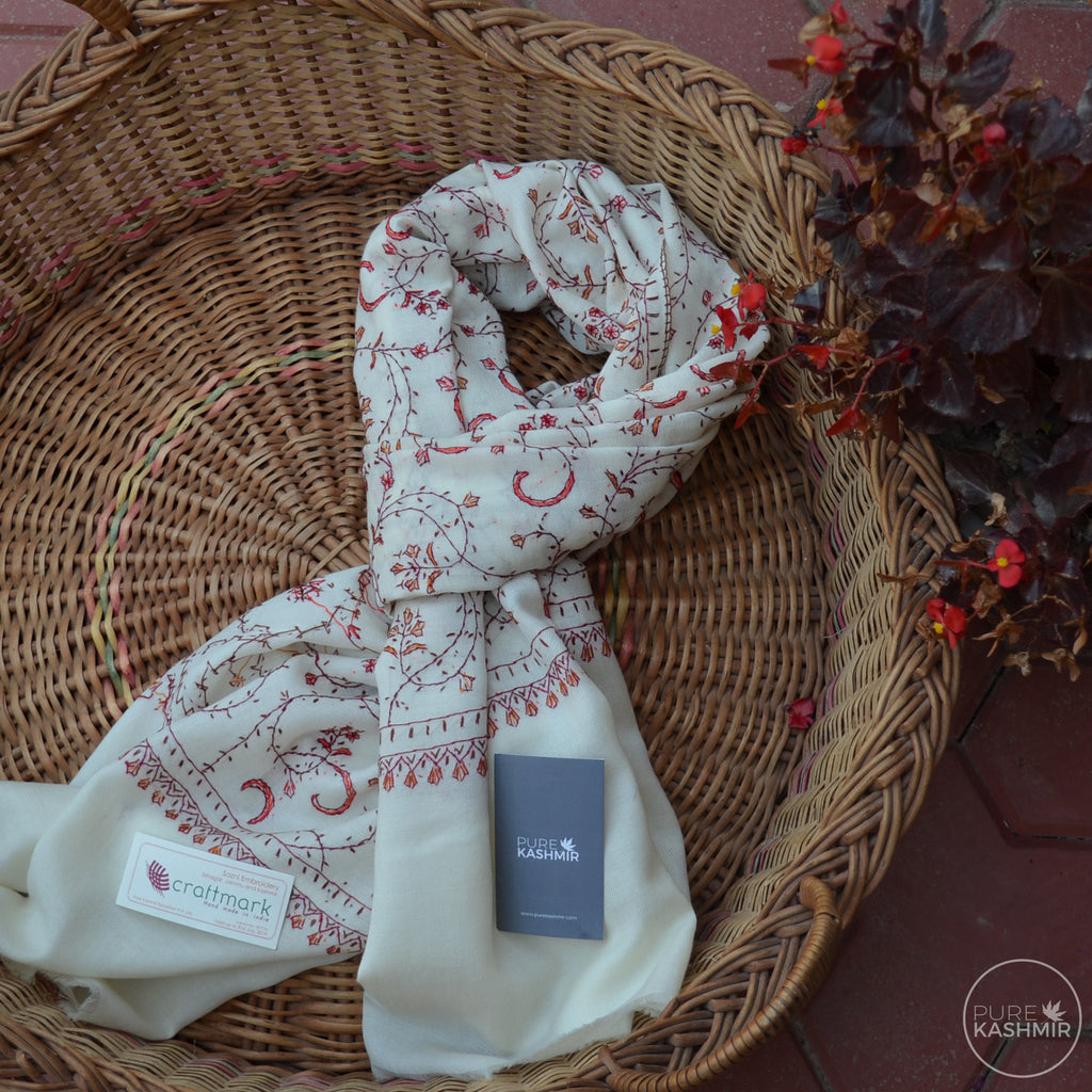 White Kashmir Sozni Embroidery Wool Scarf