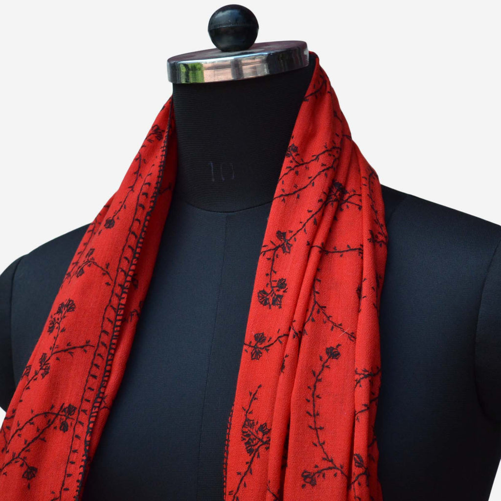 Red Kashmiri Merino Wool Sozni Embroidery Stole