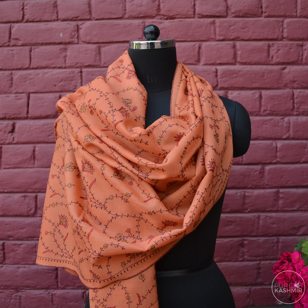 Peach Kashmir Sozni Embroidery Wool Scarf
