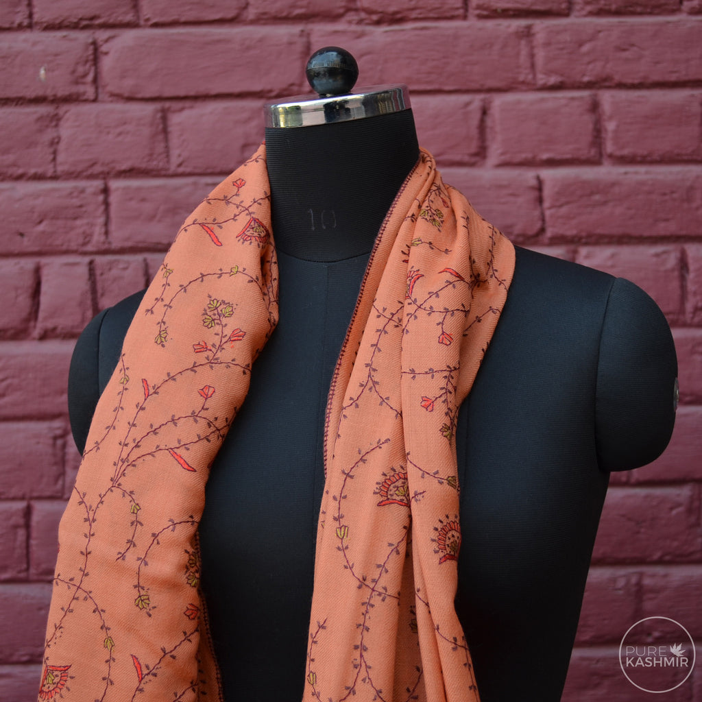 Peach Kashmir Sozni Embroidery Wool Scarf