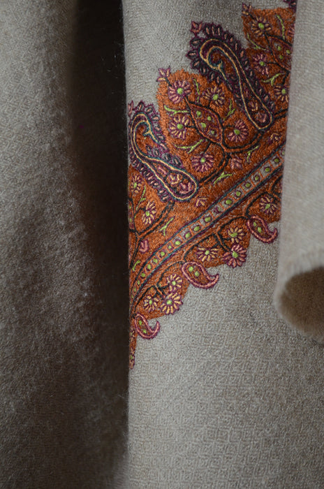 Un Dyed Taupe Border Embroidery Cashmere Pashmina Shawl
