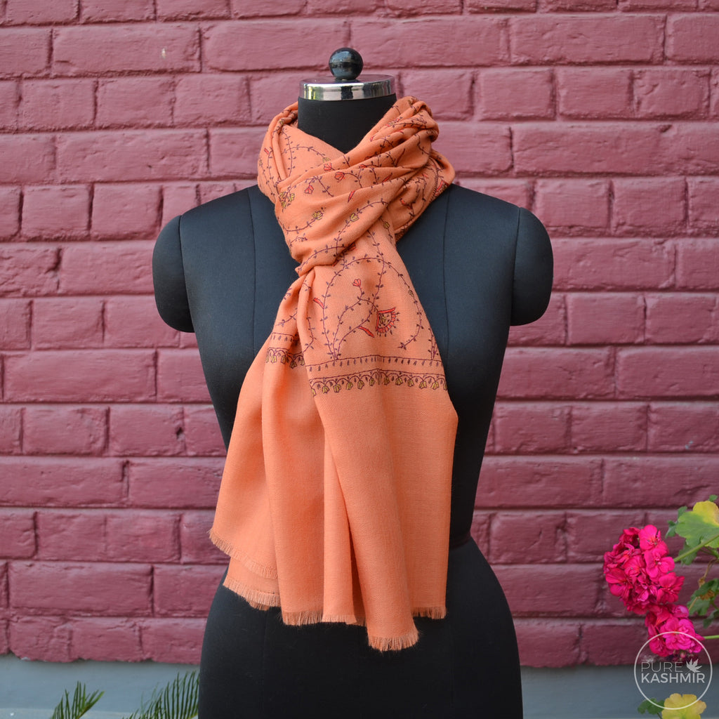 Peach Kashmir Sozni Embroidery Wool Scarf