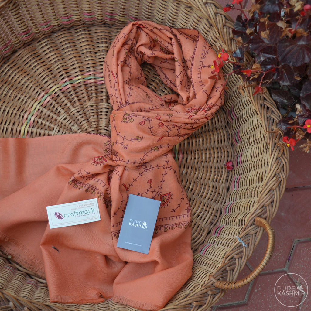 Peach Kashmir Sozni Embroidery Wool Scarf