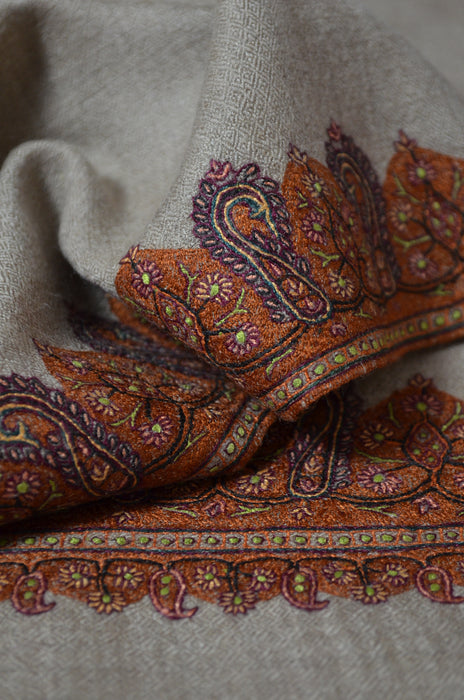Un Dyed Taupe Border Embroidery Cashmere Pashmina Shawl