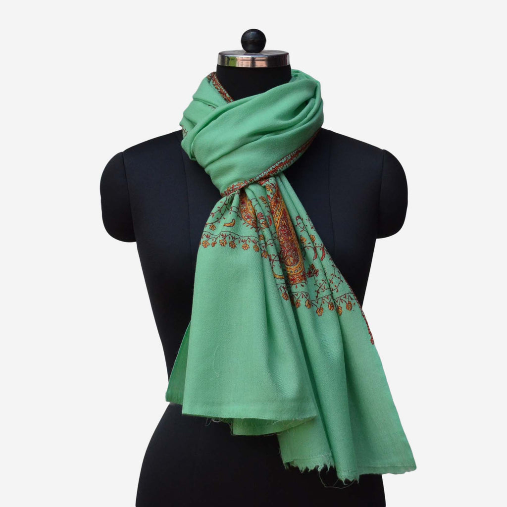 Ocean green Kashmiri merino woolen embroidered stole