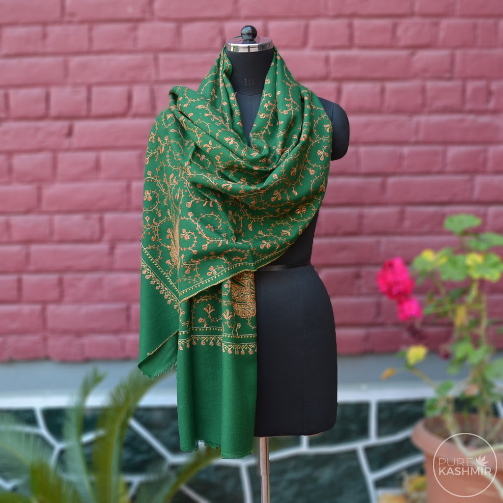 Bottle Green Kashmir Sozni Embroidery Wool Scarf