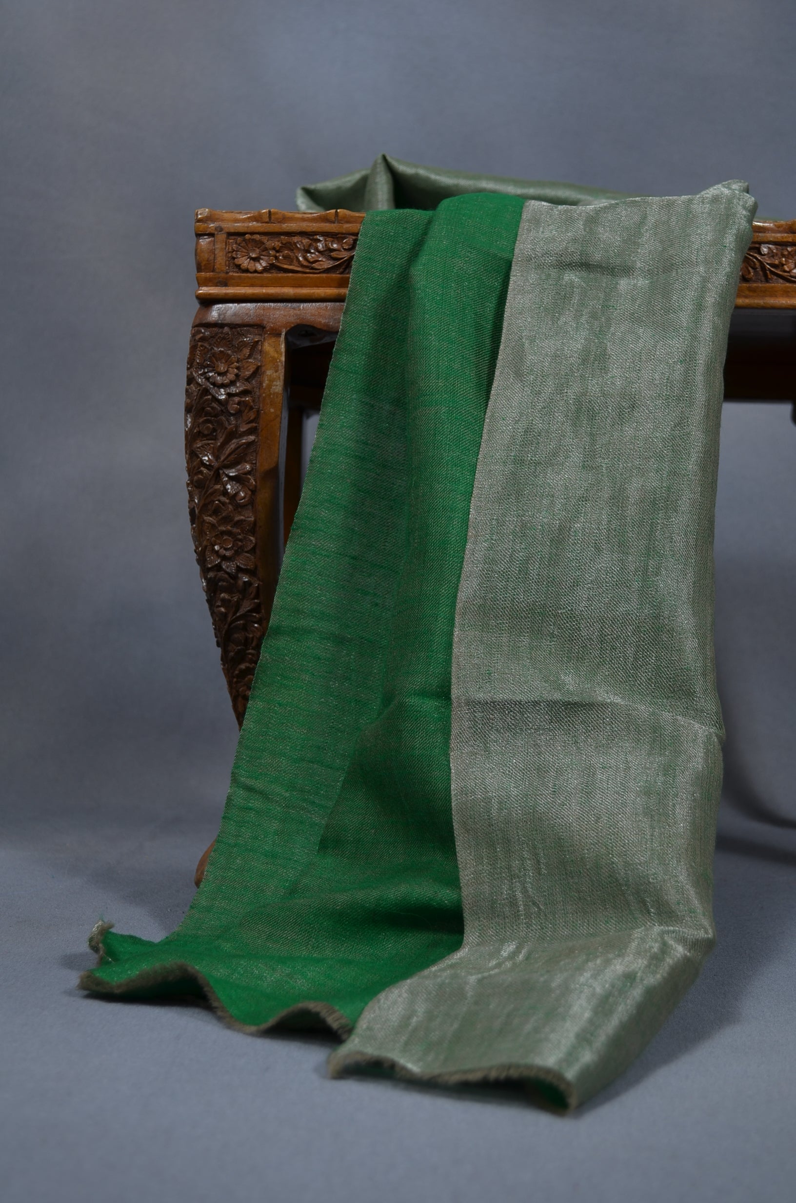 Reversible Metallic Green and Silver Handwoven Cashmere Pashmina Scarf