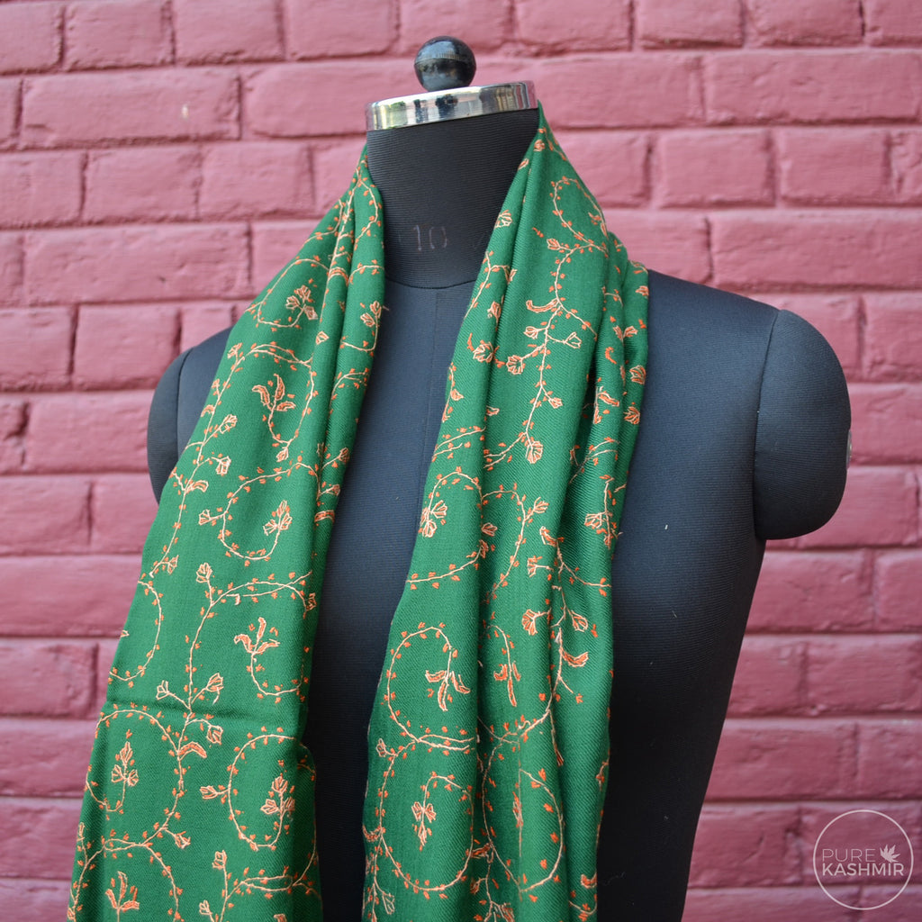Bottle Green Kashmir Sozni Embroidery Wool Scarf