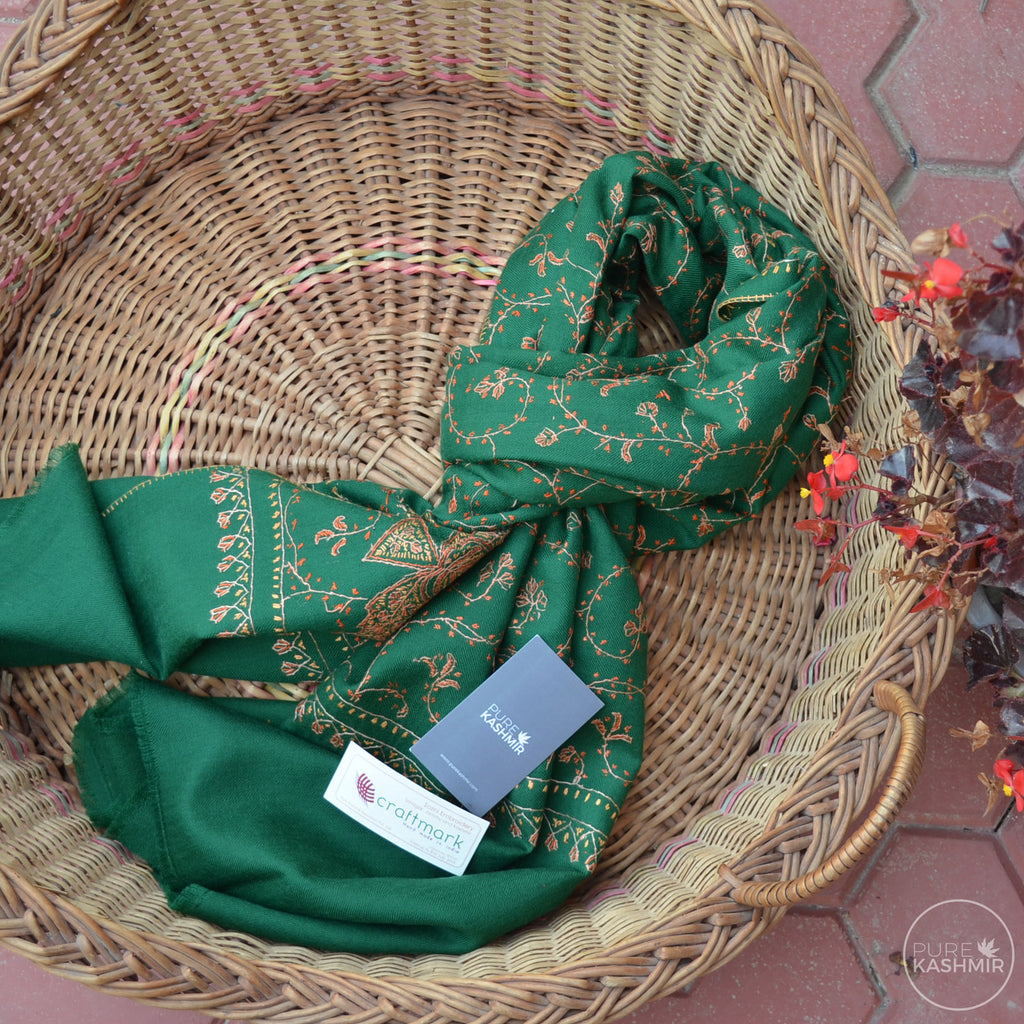 Bottle Green Kashmir Sozni Embroidery Wool Scarf