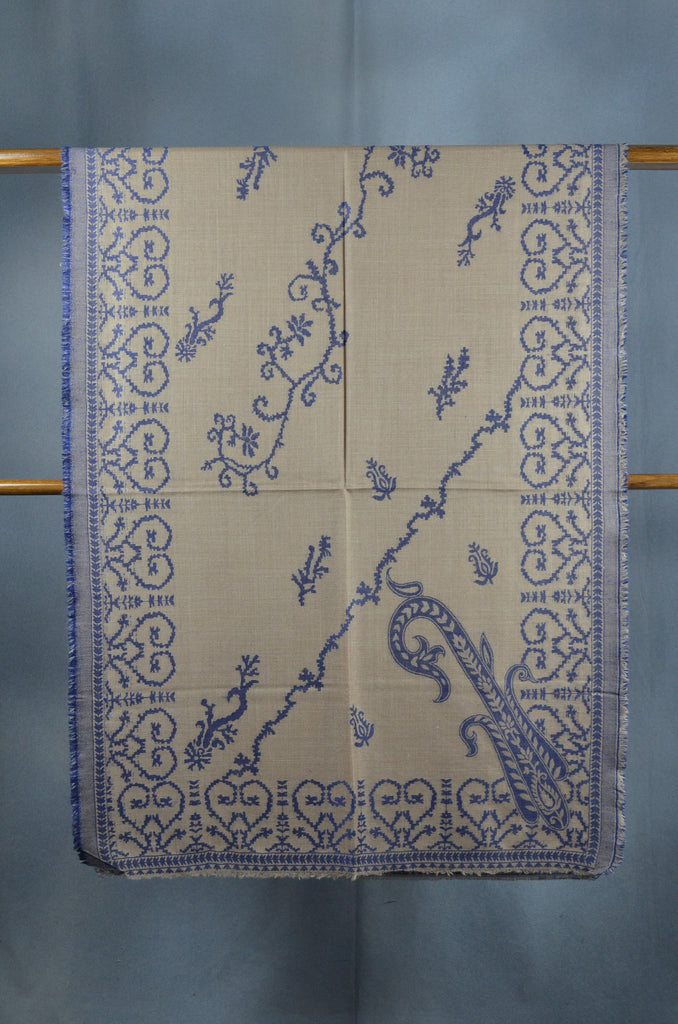 Natural Base Blue patterned with 4 sided fringes merino scarf