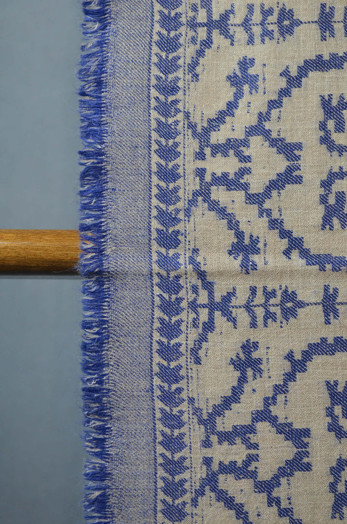 Natural Base Blue patterned with 4 sided fringes merino scarf