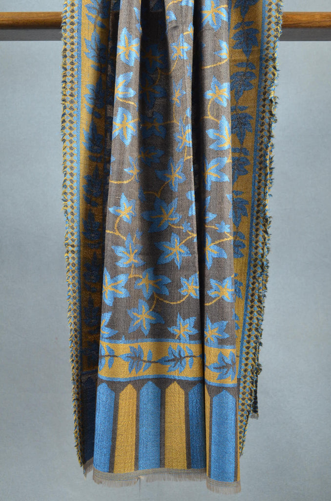 Black Base Jacquard Kani Pattern Merino Wool Scarf 4 sided fringes