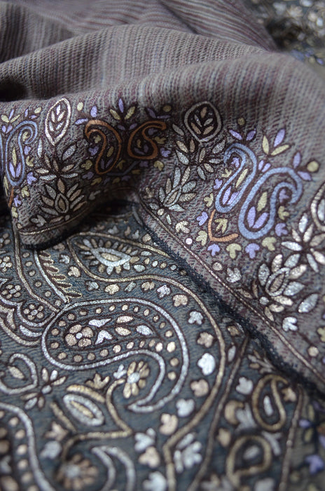 Taupe Ikat Big Border Embroidery Cashmere Pashmina Shawl