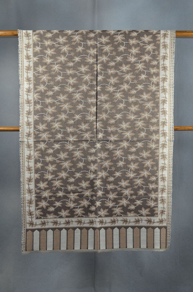 Brown Base Jacquard Kani Pattern Merino Wool Scarf 4 sided fringes