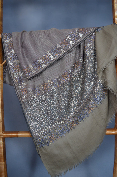 Taupe Ikat Big Border Embroidery Cashmere Pashmina Shawl