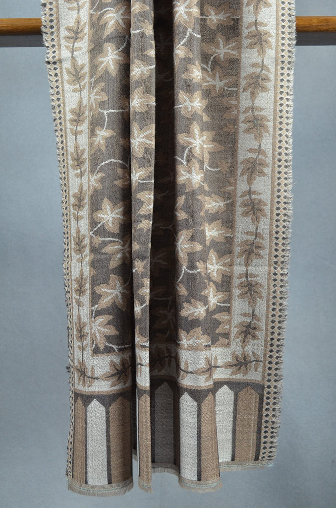 Brown Base Jacquard Kani Pattern Merino Wool Scarf 4 sided fringes