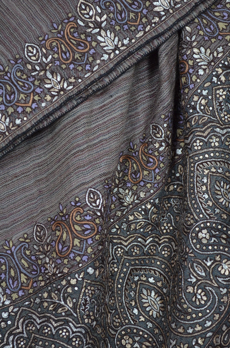 Taupe Ikat Big Border Embroidery Cashmere Pashmina Shawl