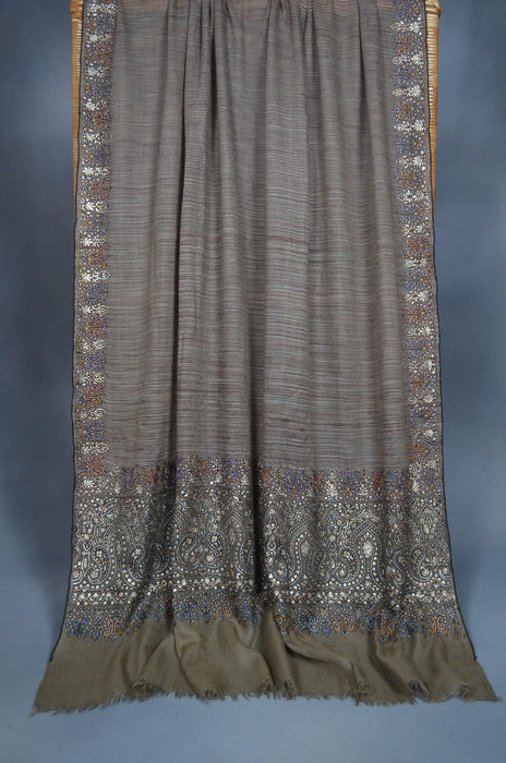 Taupe Ikat Big Border Embroidery Cashmere Pashmina Shawl