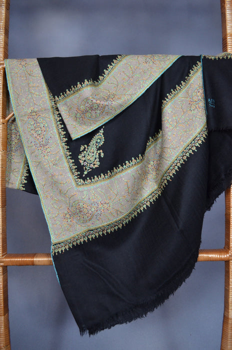 Black Big Border Embroidery Cashmere Pashmina Shawl