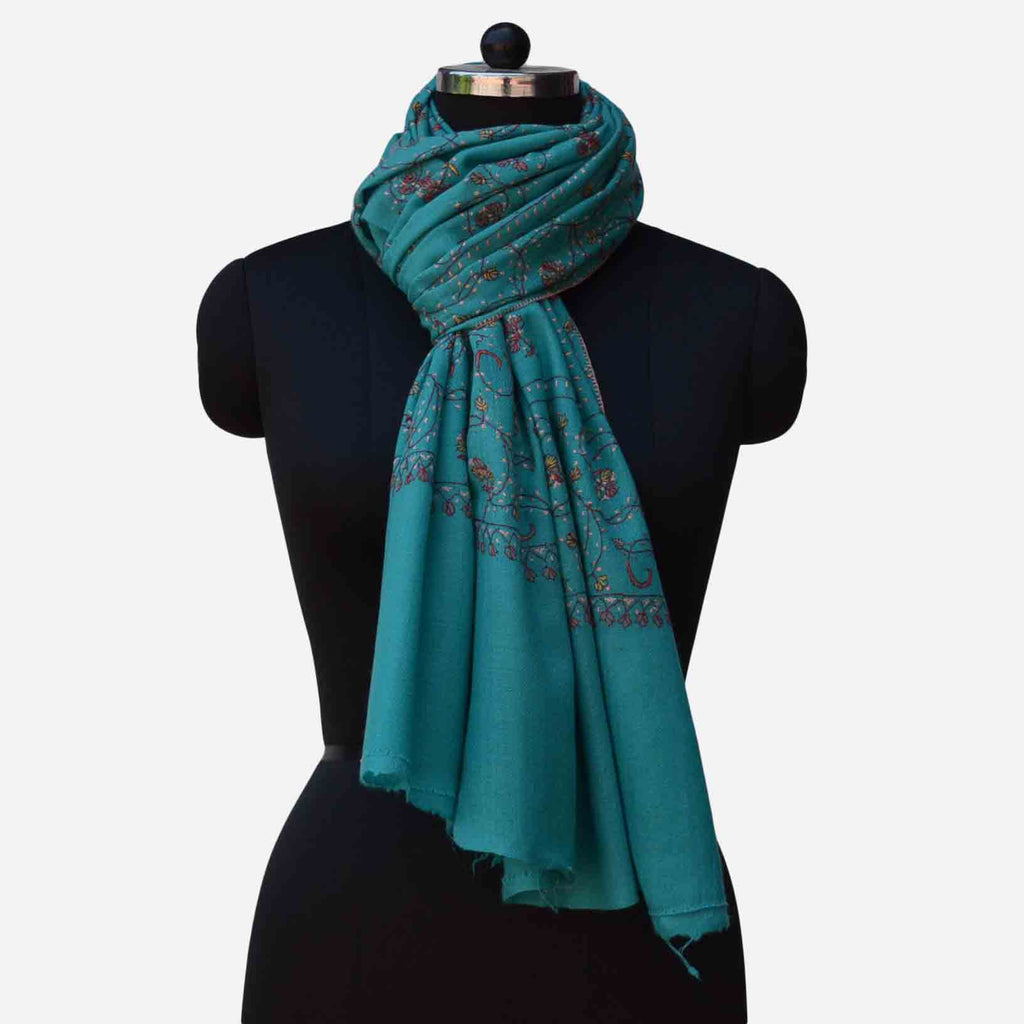 Buy Turquoise Kashmiri stole, 100% pure woolen kashmiri merio scarf