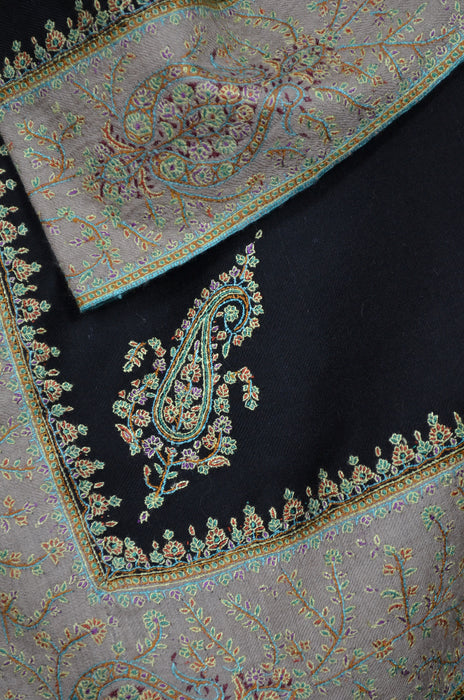 Black Big Border Embroidery Cashmere Pashmina Shawl