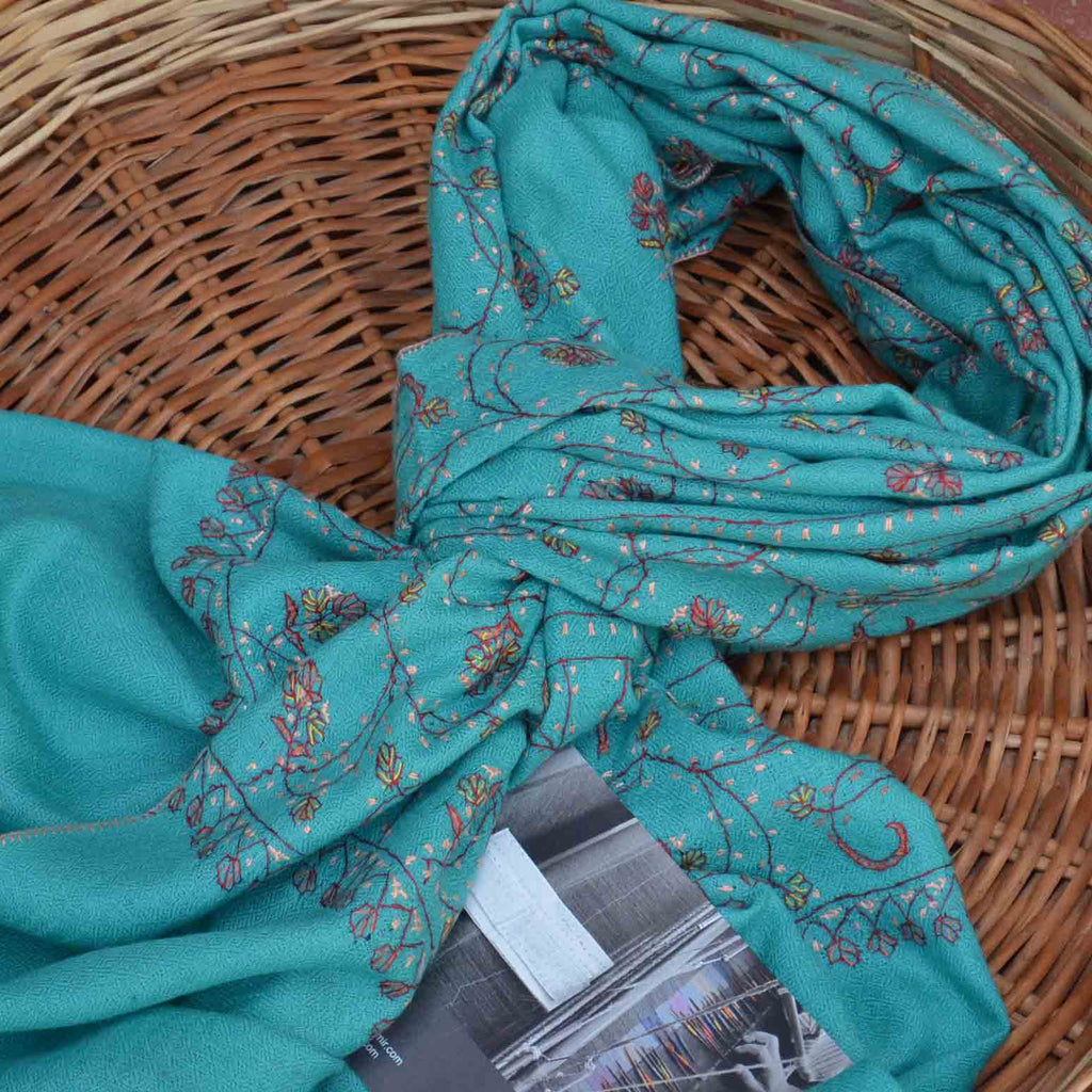 Buy Turquoise Kashmiri stole, 100% pure woolen kashmiri merio scarf