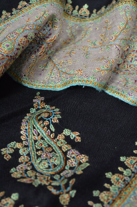 Black Big Border Embroidery Cashmere Pashmina Shawl