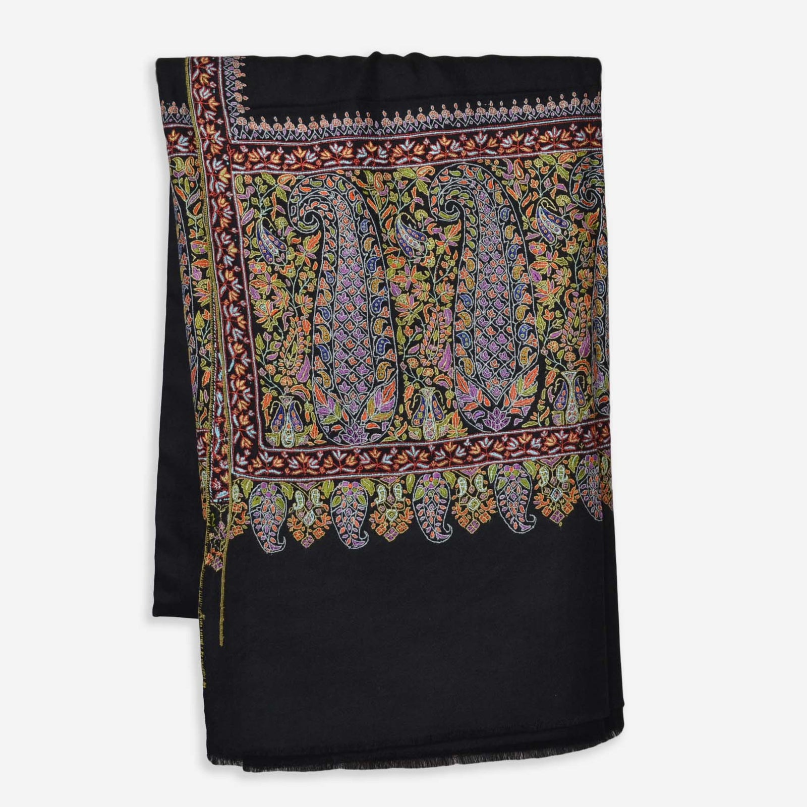 Black Big Border Embroidery Cashmere Pashmina Shawl