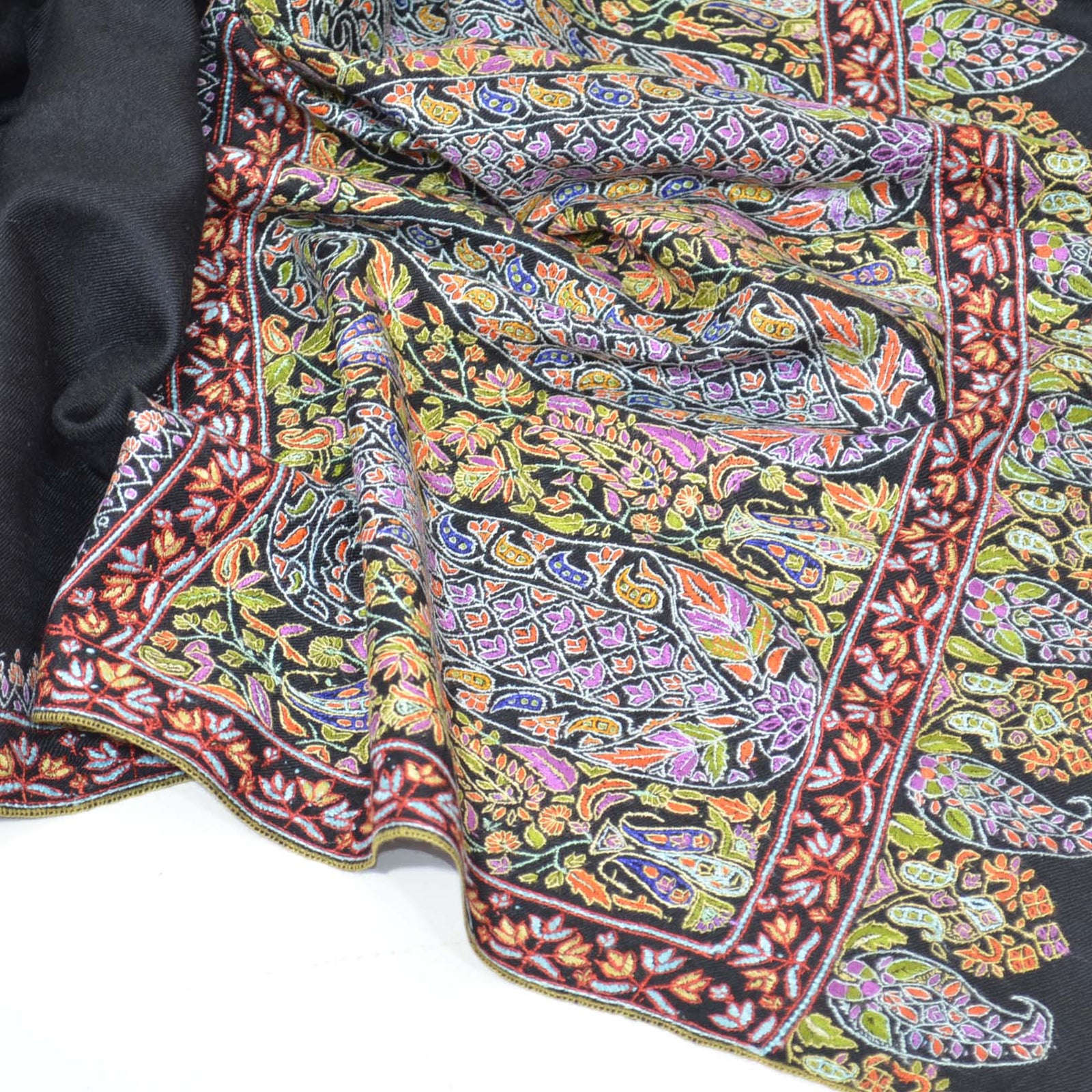 Black Big Border Embroidery Cashmere Pashmina Shawl