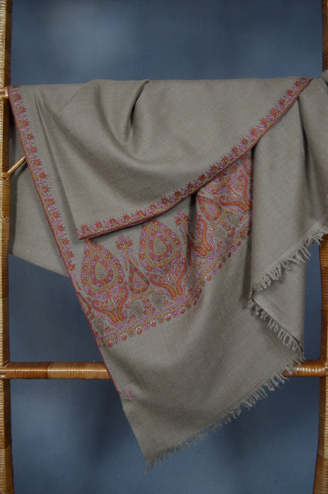 Taupe Big Border Embroidery Cashmere Pashmina Shawl