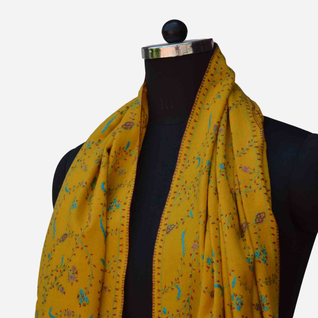 Cashmere woolen embroidered yellow merino stole