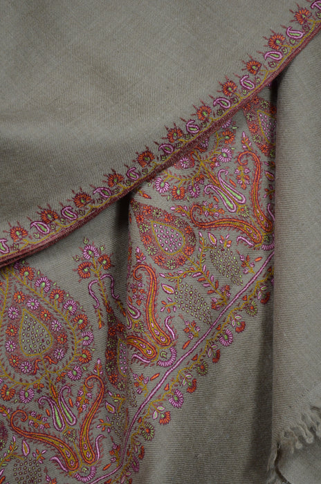 Taupe Big Border Embroidery Cashmere Pashmina Shawl