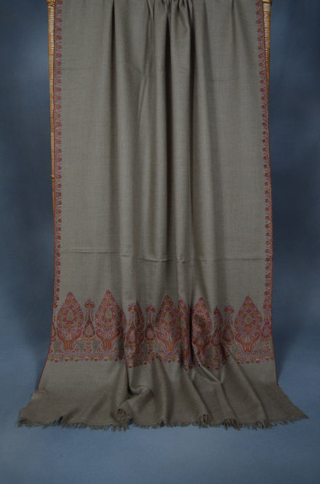 Taupe Big Border Embroidery Cashmere Pashmina Shawl