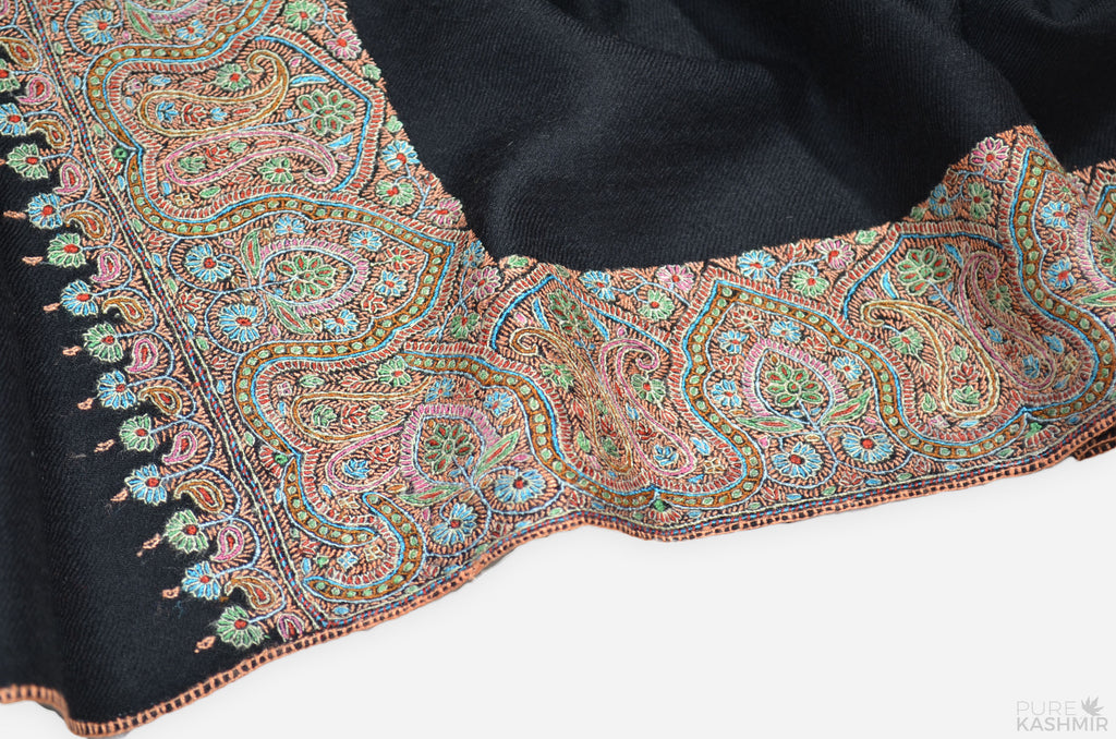 Black Cashmere Pashmina Shawl with Intricate Big Border