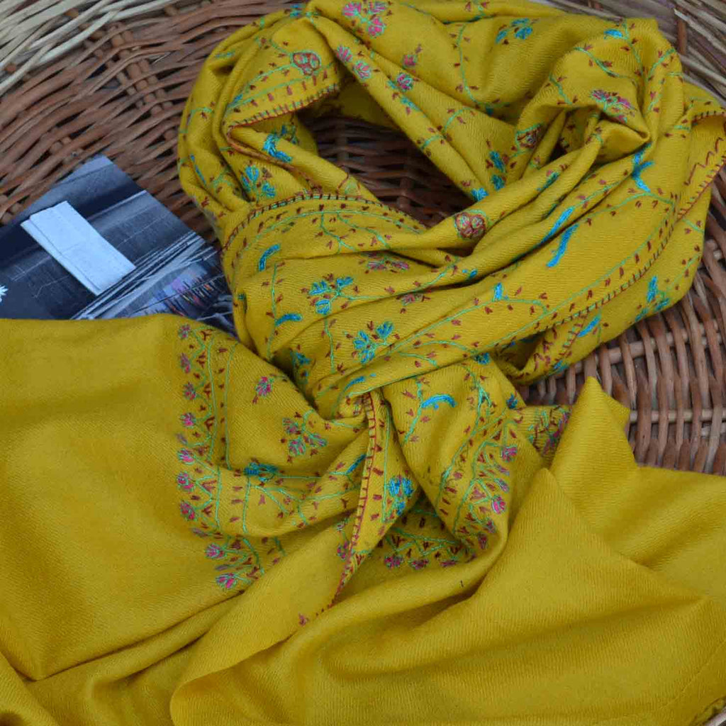 Yellow Kashmir cashmere merino wool embroidery scarf