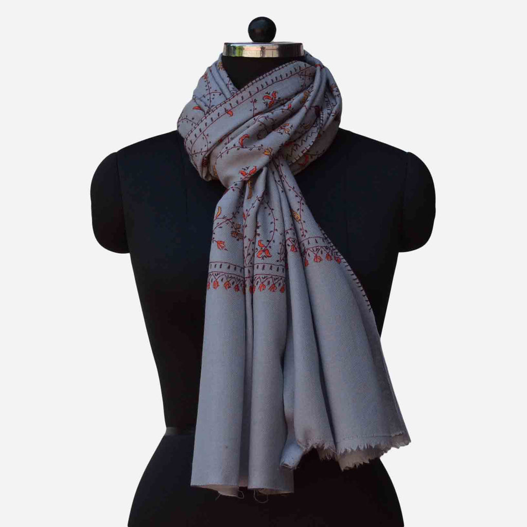 cashmere merino wool cloud grey embroidery stole