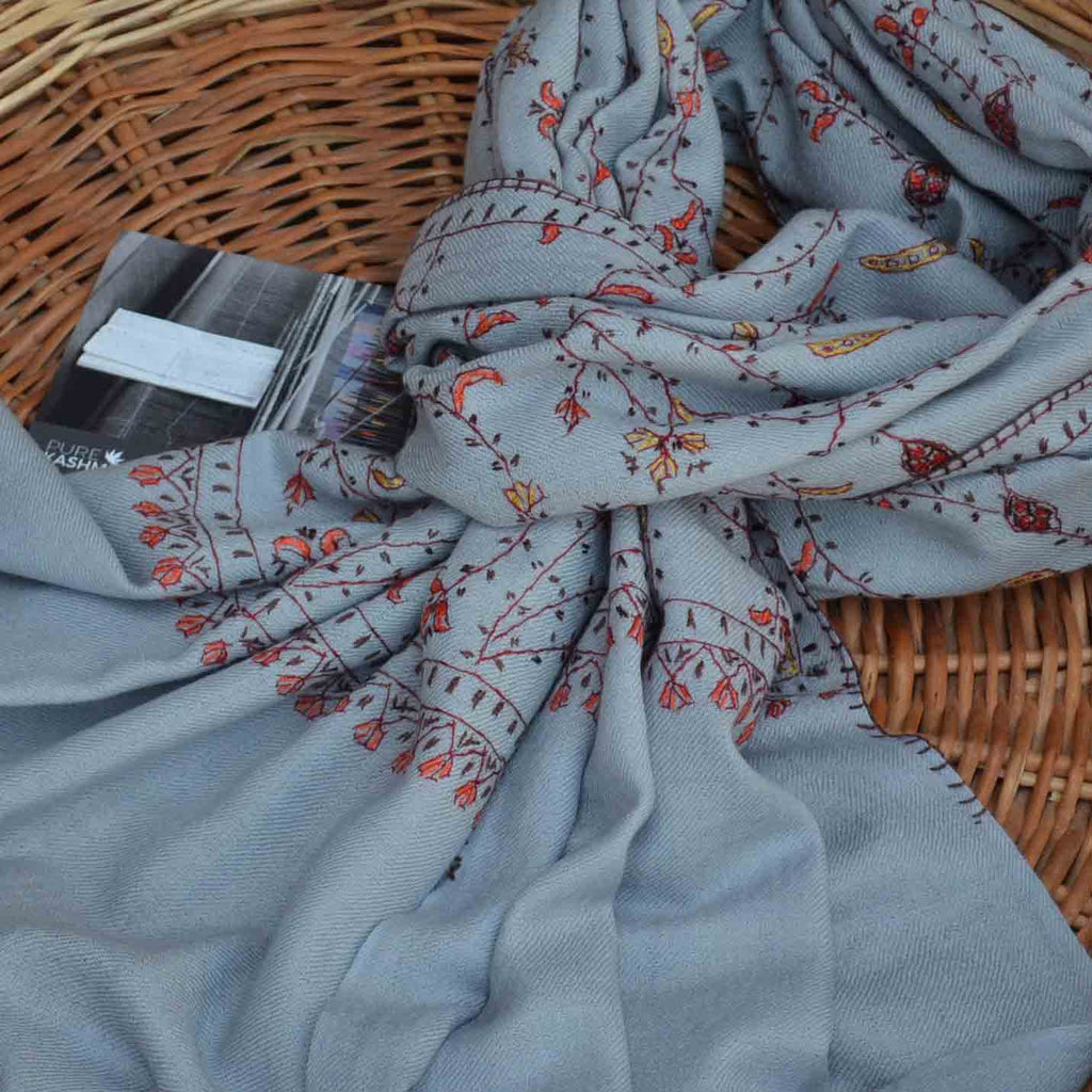 cloud grey jali embroidery cashmere woolen stole