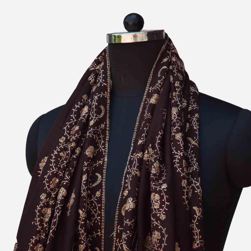 Brown Jali embroidery Kashmir cashmere merino wool scarf
