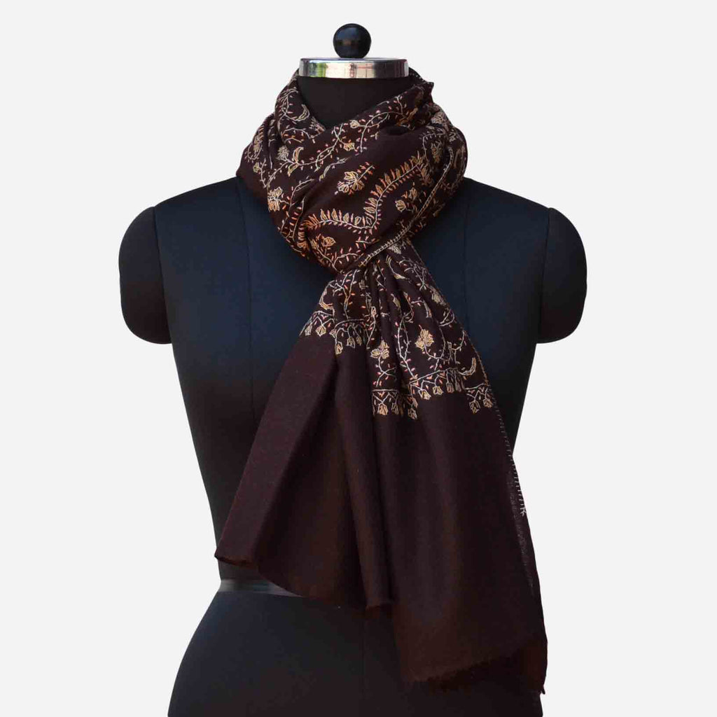 Cashmere merino wool brown embroidered scarf
