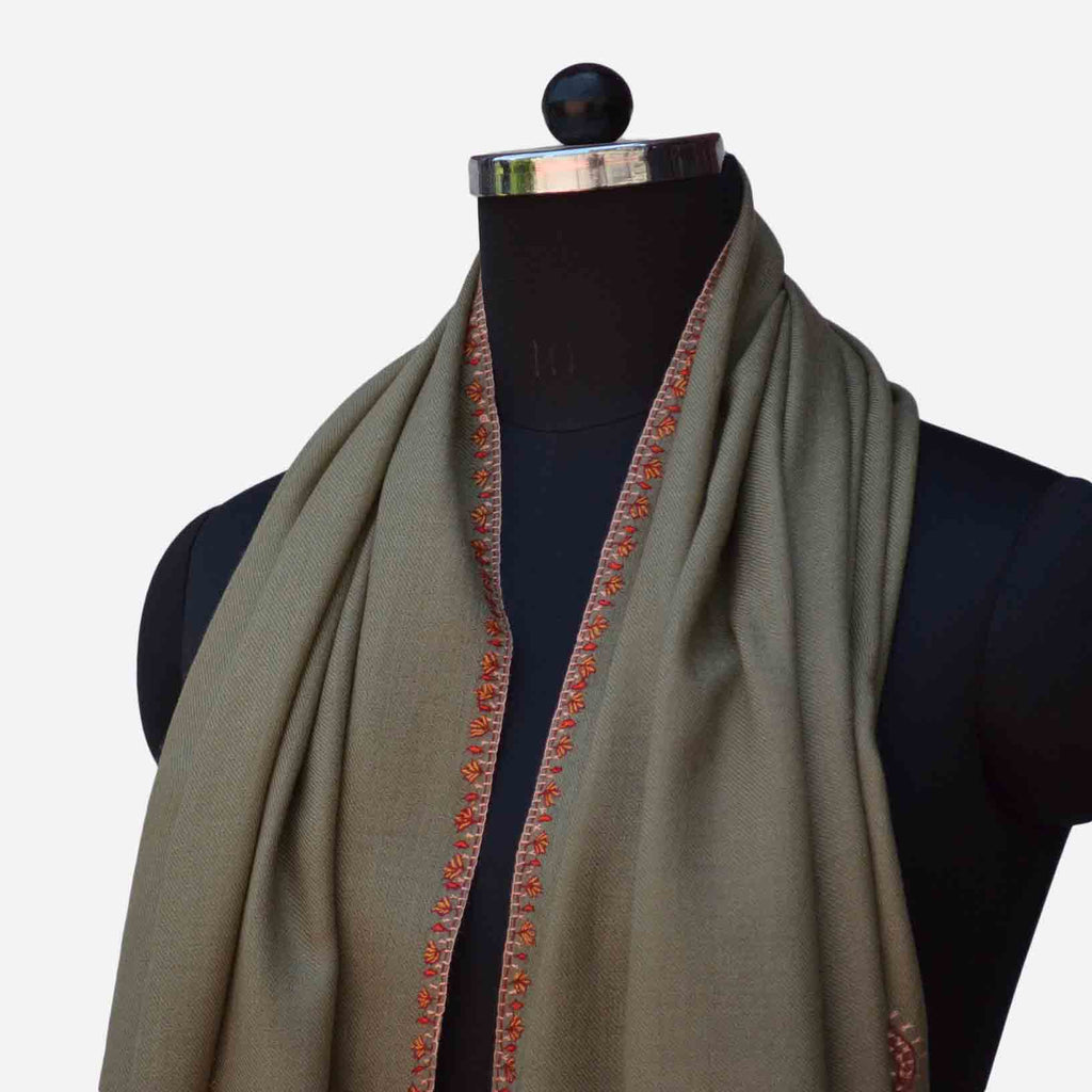 Taupe Kashmiri merino woolen sozni big border Hand embroidery scarf