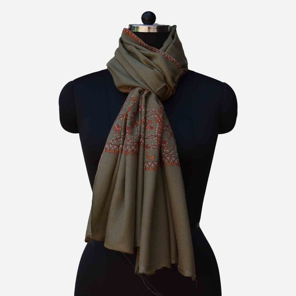 Taupe Kashmiri merino woolen sozni big border Hand embroidery scarf