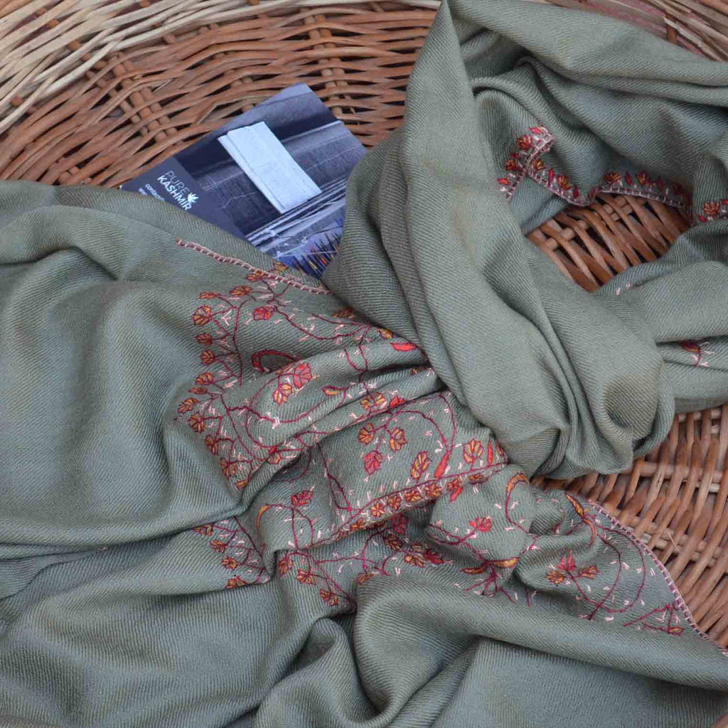 Taupe Kashmiri merino woolen sozni big border Hand embroidery scarf