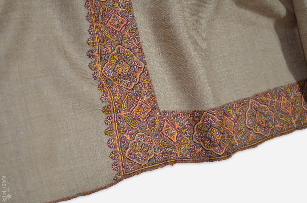 Un-dyed Natural Brown Pashmina Shawl with Beautifully  Crafted Border
