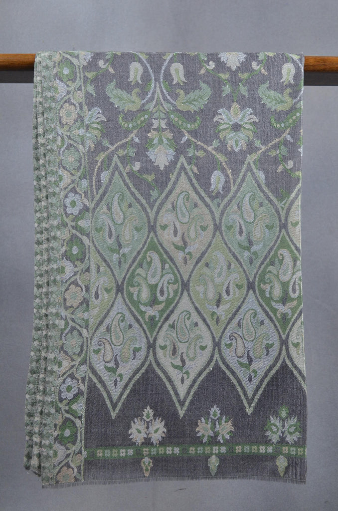 Green Base Multicolor Jacquard Kani Merino Wool Scarf