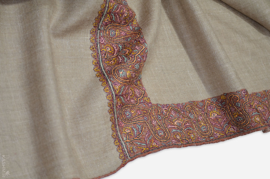 Un-dyed Natural Brown Pashmina Shawl with Beautifully Crafted Border