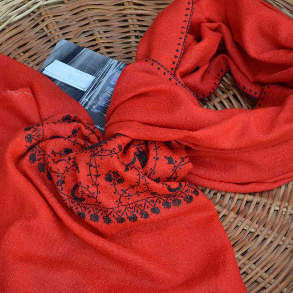 Red Kashmiri merino woolen sozni big border Hand embroidery scarf